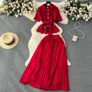 Advanced French style set for women's fashion, featuring a collared short sleeved waist cinched top and a high waisted pleated skirt, two piece trendy outfit