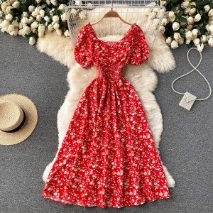 Light mature style women's clothing temperament V-neck French floral dress, women's high waist big swing long skirt, beach vacation beach skirt