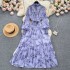 Autumn new French style feminine stand up collar slim fit long style large swing chiffon dress with bubble sleeves and floral floral holiday skirt