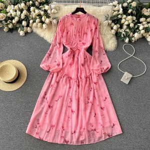 Summer new dress temperament socialite waist cinched long sleeved floral dress women French gentle style tea break chiffon skirt