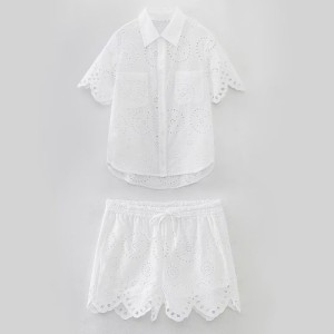 2023 Summer New Women's Clothing European and American Collar Hollow Embroidery Women's Shirt+Hollow Embroidery Shorts Set