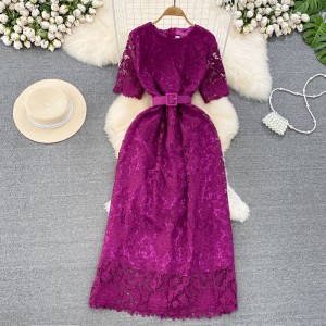 Summer high-end feeling, light luxury temperament, short sleeved round neck, waist cinching, slimming word lace dress, elegant formal dress, long skirt