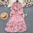 Autumn new French style feminine stand up collar slim fit long style large swing chiffon dress with bubble sleeves and floral floral holiday skirt