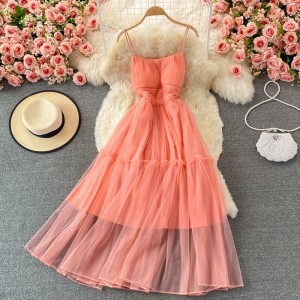 Socialite temperament super fairy yellow high waist slimming backless dress beach vacation beach dress elegant big swing long dress