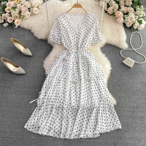 Summer gentle style collar bubble short sleeved waist slimming figure wave dot dress elegant temperament big swing long skirt