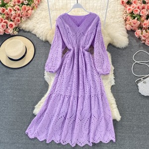 V-neck hollowed out embroidered dress summer new Korean version slim fit and slimming forest series first love fairy skirt big swing long skirt