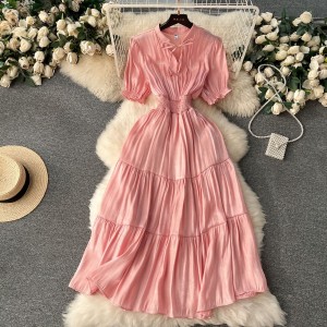 French style dress for spring women's clothing, with age reducing bubble sleeves and elastic waist cinching for slimming and a gentle, high-end texture long skirt