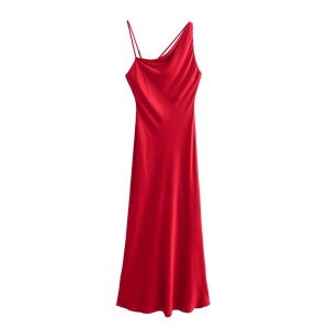 2023 Autumn New European and American Style Sexy Slanted Shoulder Red Silk Texture Strap Dress for Foreign Trade