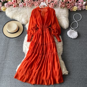 V-neck chiffon dress, new style, beach vacation, desert long dress, Thailand tourism, Bali beach dress for women