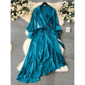 Light mature style dress for women, high-end elegant long sleeved tie up waist with ruffle edge irregular suit skirt, long skirt