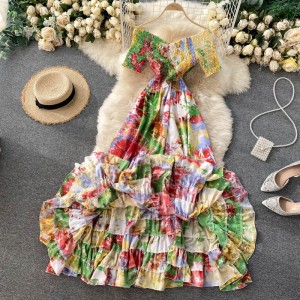 Heart machine cross elastic slim fit long design with tie dye print goddess style big swing dress, vacation style long skirt