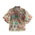 Foreign trade wholesale 2023 European and American autumn new style temperament lapel bubble sleeve floral single breasted chiffon shirt top for women