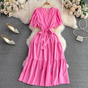 Summer gentle style temperament V-neck bubble short sleeved pleated waist slimming A-line dress super fairy big swing long skirt