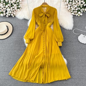 Light luxury temperament bow tie tie V-neck waist cinched single breasted A-line pleated dress elegant large swing long skirt for spring