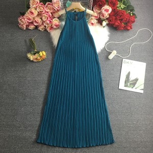 Summer new Korean version sleeveless high waisted camisole skirt pleated dress with waist cinching retro long skirt Hong Kong style trend loose