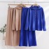 European Station Fashion Knitted Set Rose Button Loose Long Sleeve Solid Color Set Wide Leg Loose Slimming Foreign Trade