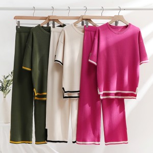 Spot cross-border foreign trade fashion simple splicing loose short sleeved sweater top, high waist slimming wide leg pants two-piece set