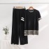 New fashion suit temperament striped slit short sleeved knitted sweater+high waist slimming wide leg pants long pants two-piece set