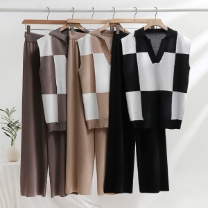 Fashion color blocked checkerboard loose V-neck knitted sweater set for women's spring and summer simple high waisted wide leg pants two-piece set