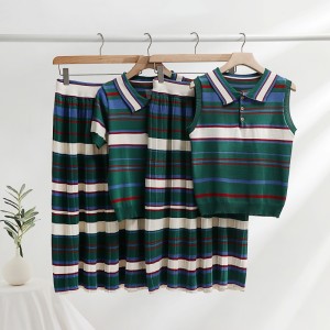 Summer retro temperament POLO collar striped knitted vest+high waisted pleated skirt long skirt two-piece set for women