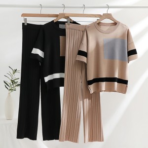 Spring new style temperament contrasting color pullover knitted top+stylish wide leg pants two-piece fashionable anti-aging set