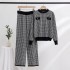 European Station 2023 Early Autumn New Checkered Set Small Fragrant Style Thousand Bird Grid Knitted Top Wide Leg Pants Two Piece Set