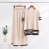 New fashion suit temperament striped slit short sleeved knitted sweater+high waist slimming wide leg pants long pants two-piece set