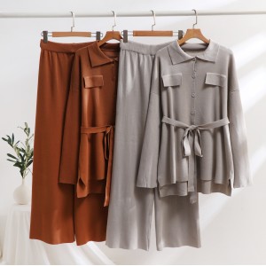 Cross border European and American fashion western-style knitted suit women's 2024 autumn and winter new style pullover sweater wide leg pants suit trend