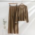 Fashion suit women's casual contrasting color V-neck loose knit sweater top two-piece set high waist slit straight leg wide leg pants