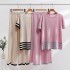 New fashion suit temperament striped slit short sleeved knitted sweater+high waist slimming wide leg pants long pants two-piece set