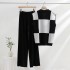 Fashion color blocked checkerboard loose V-neck knitted sweater set for women's spring and summer simple high waisted wide leg pants two-piece set