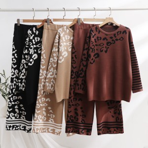 Leopard print jacquard knitted two-piece set, thickened autumn and winter foreign trade color collision design, loose European station slimming sweater