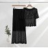 Hollow hook flower short sleeved knitted sweater top+high waist slimming mid length ruffled skirt two-piece set for women