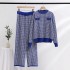 European Station 2023 Early Autumn New Checkered Set Small Fragrant Style Thousand Bird Grid Knitted Top Wide Leg Pants Two Piece Set