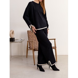 European and American Cross border Thickened Home Clothing Set 2-piece Set Long Sleeve Knitted Sweater Top Wide Leg Pants Casual Set