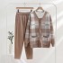 European and American jacket knitted three piece set medium long sweater set checkered cardigan cross-border casual slimming European station