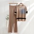 Spring new style temperament contrasting color pullover knitted top+stylish wide leg pants two-piece fashionable anti-aging set