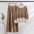 2023 Early Autumn New Knitted Set Fashion Color Contrast Splicing Top Loose and Slim Wide Leg Pants Two Piece Set for Women