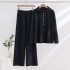 European Station Fashion Knitted Set Rose Button Loose Long Sleeve Solid Color Set Wide Leg Loose Slimming Foreign Trade