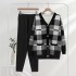 European and American jacket knitted three piece set medium long sweater set checkered cardigan cross-border casual slimming European station