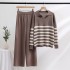 European station slimming and commuting style striped lapel casual knitted color blocked wide leg pants two-piece set