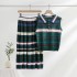 Summer retro temperament POLO collar striped knitted vest+high waisted pleated skirt long skirt two-piece set for women