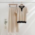 2023 Spring/Summer New Color blocked Half open Round Neck Top, High Waist Wide Leg Pants, Two Piece Fashion Knitted Set