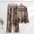 Cross border ink painting navigation map European station knitted fashion suit sweater loose wide leg pants two-piece set art