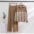 European station slimming and commuting style striped lapel casual knitted color blocked wide leg pants two-piece set