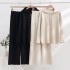 European Station Fashion Knitted Set Rose Button Loose Long Sleeve Solid Color Set Wide Leg Loose Slimming Foreign Trade