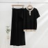 2023 Spring/Summer New Color blocked Half open Round Neck Top, High Waist Wide Leg Pants, Two Piece Fashion Knitted Set