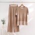 New fashion suit temperament striped slit short sleeved knitted sweater+high waist slimming wide leg pants long pants two-piece set