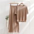 Spot cross-border foreign trade fashion simple splicing loose short sleeved sweater top, high waist slimming wide leg pants two-piece set