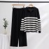 European station slimming and commuting style striped lapel casual knitted color blocked wide leg pants two-piece set